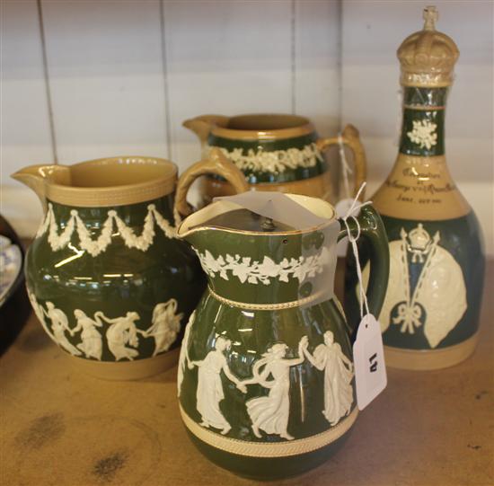 Copeland late Spode buff & green stoneware Coronation bottle, 2 similar relief-decorated jugs & Carlton Ware lidded example